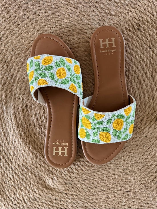 Haute Hippie Shoes - Haute Hippie White Slide Sandals with Yellow & Green Beaded Floral Strap